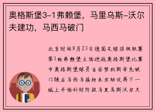 奥格斯堡3-1弗赖堡，马里乌斯-沃尔夫建功，马西马破门